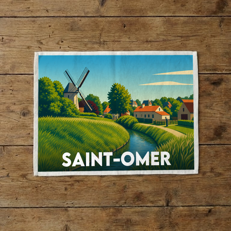 Torchon souvenir de la ville de Saint-Omer avec une illustration stylisée d'un moulin au bord de l'eau.