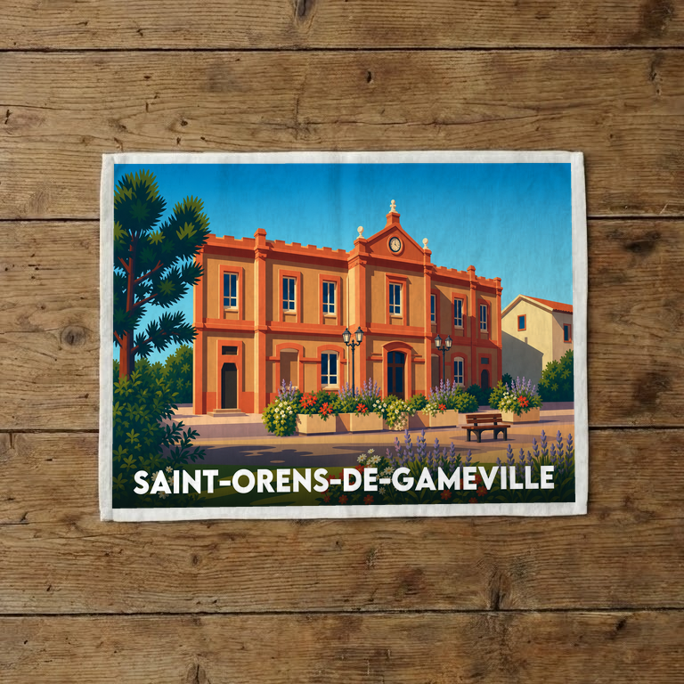 Torchon souvenir de la ville de Saint-Orens-de-Gameville avec une illustration stylisée.