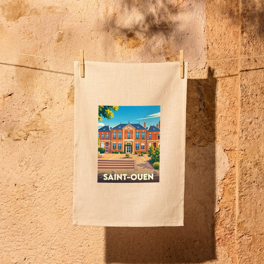 Torchon souvenir de la ville de Saint-Ouen avec une illustration stylisée de son architecture.