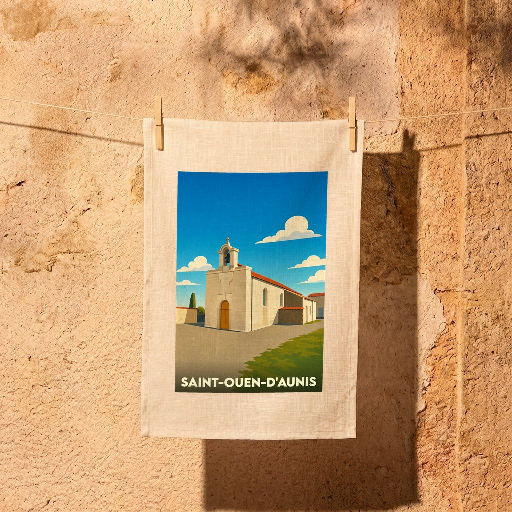 Torchon souvenir de la ville de Saint-Ouen-d'Aunis avec une illustration stylisée de son église.