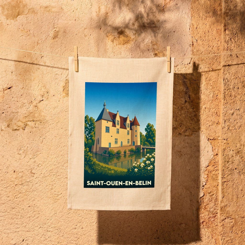 Torchon souvenir de la ville de Saint-Ouen-en-Belin avec une illustration stylisée d'un château au bord de l'eau.