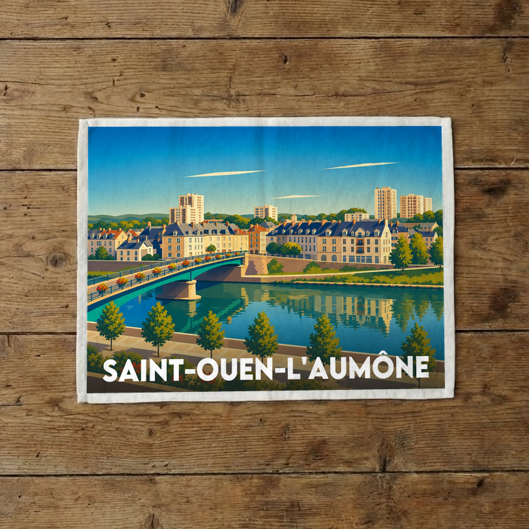 Torchon souvenir de la ville de Saint-Ouen-l'Aumône avec une illustration stylisée des bords de l'Oise.