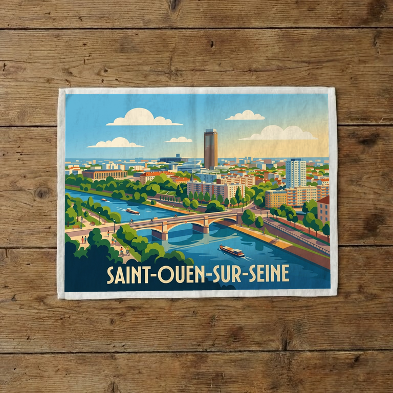 Torchon souvenir de la ville de Saint-Ouen-sur-Seine avec une illustration stylisée.