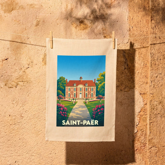 Torchon souvenir de la ville de Saint-Paër avec une illustration stylisée d'un château et de ses jardins.