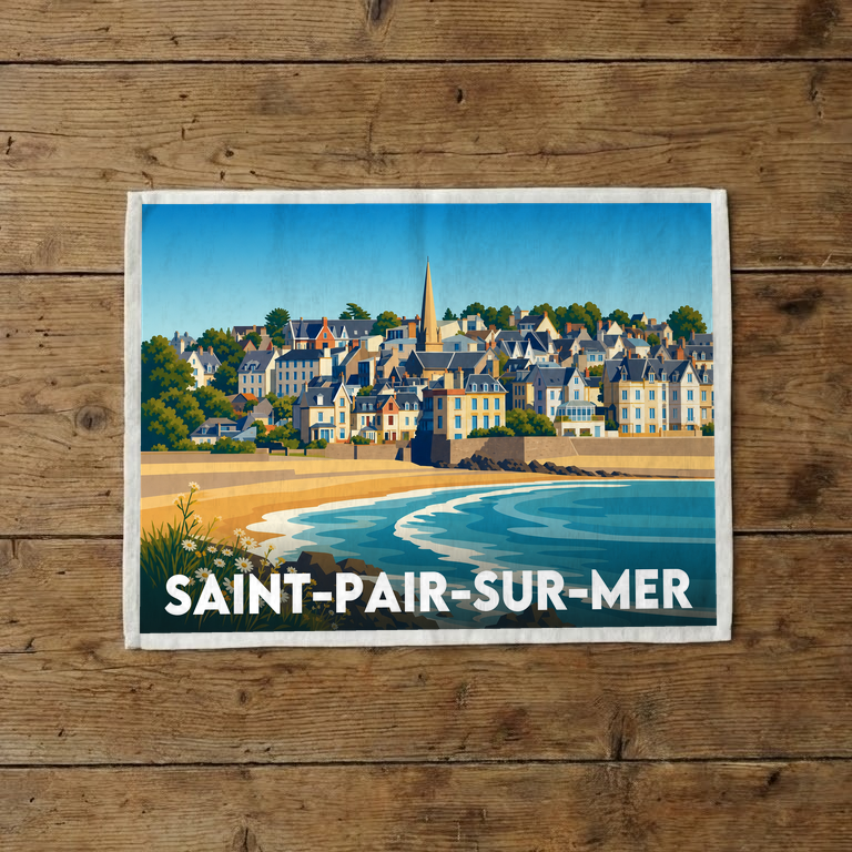 Torchon souvenir de la ville de Saint-Pair-sur-Mer avec une illustration stylisée.