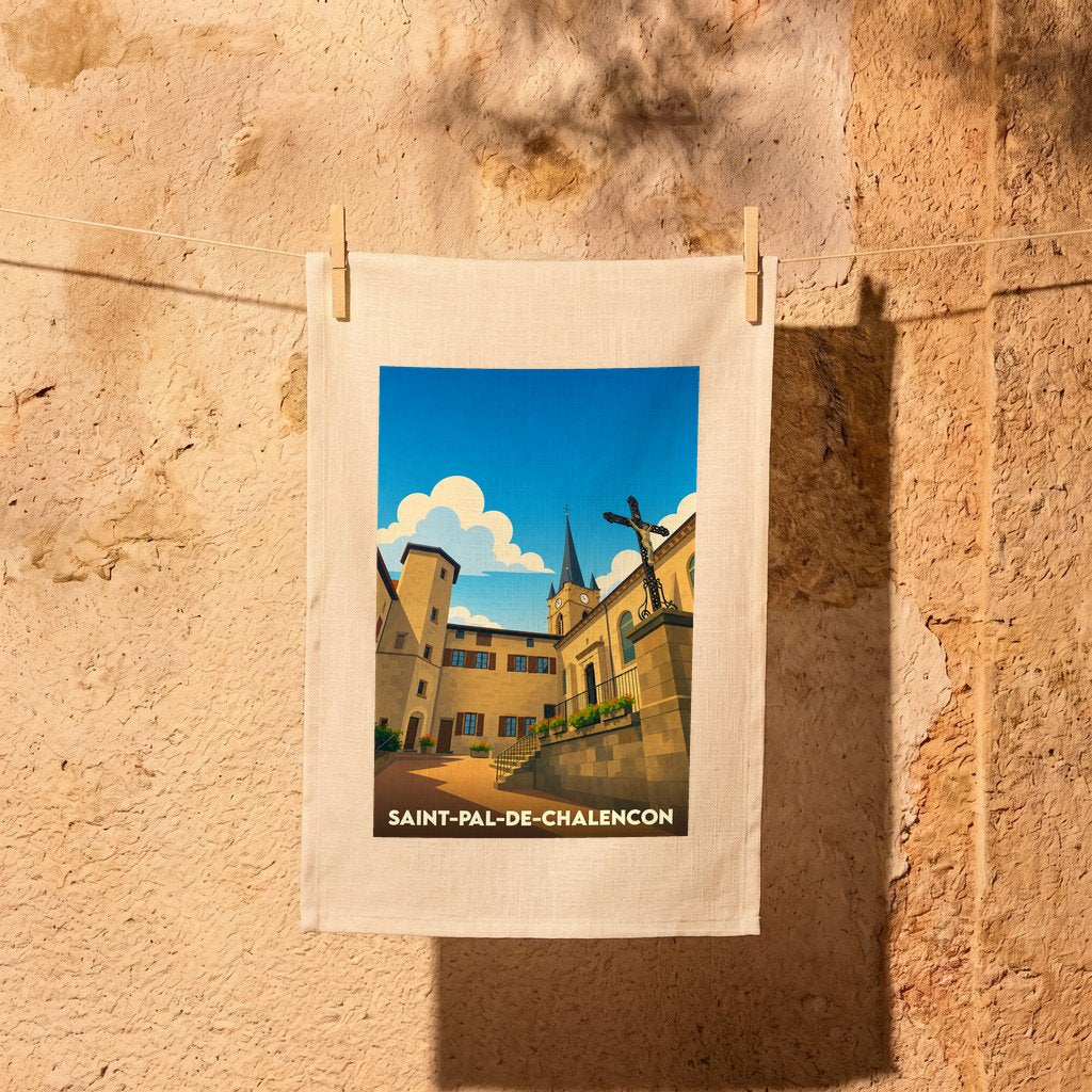Torchon souvenir de la ville de Saint-Pal-de-Chalencon avec une illustration stylisée de son architecture.