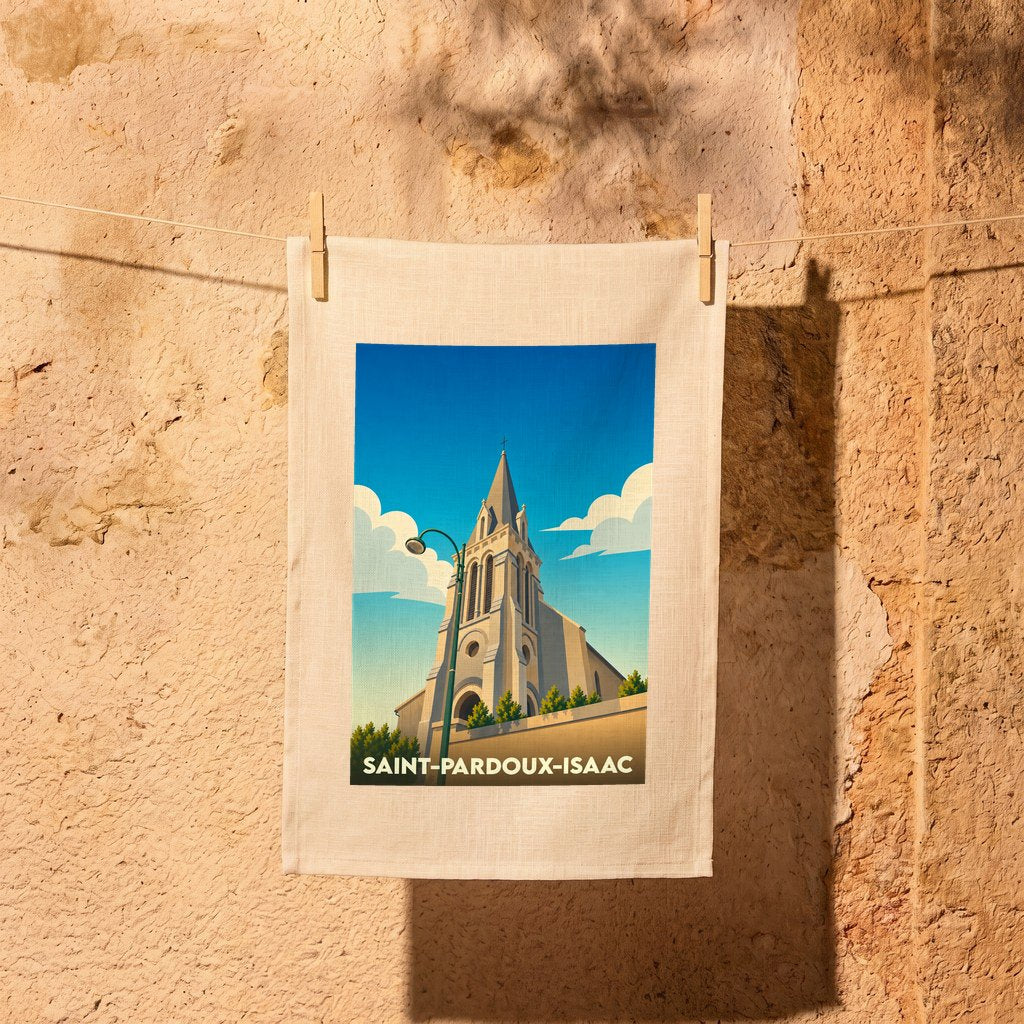 Torchon souvenir de la ville de Saint-Pardoux-Isaac avec une illustration stylisée de son église.