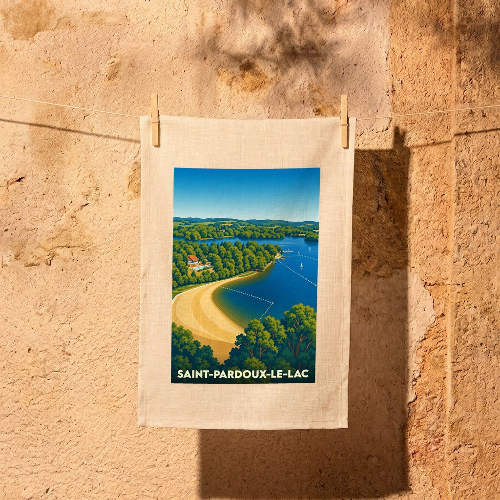 Torchon souvenir de Saint-Pardoux-le-Lac arborant une illustration stylisée du lac et de sa plage.