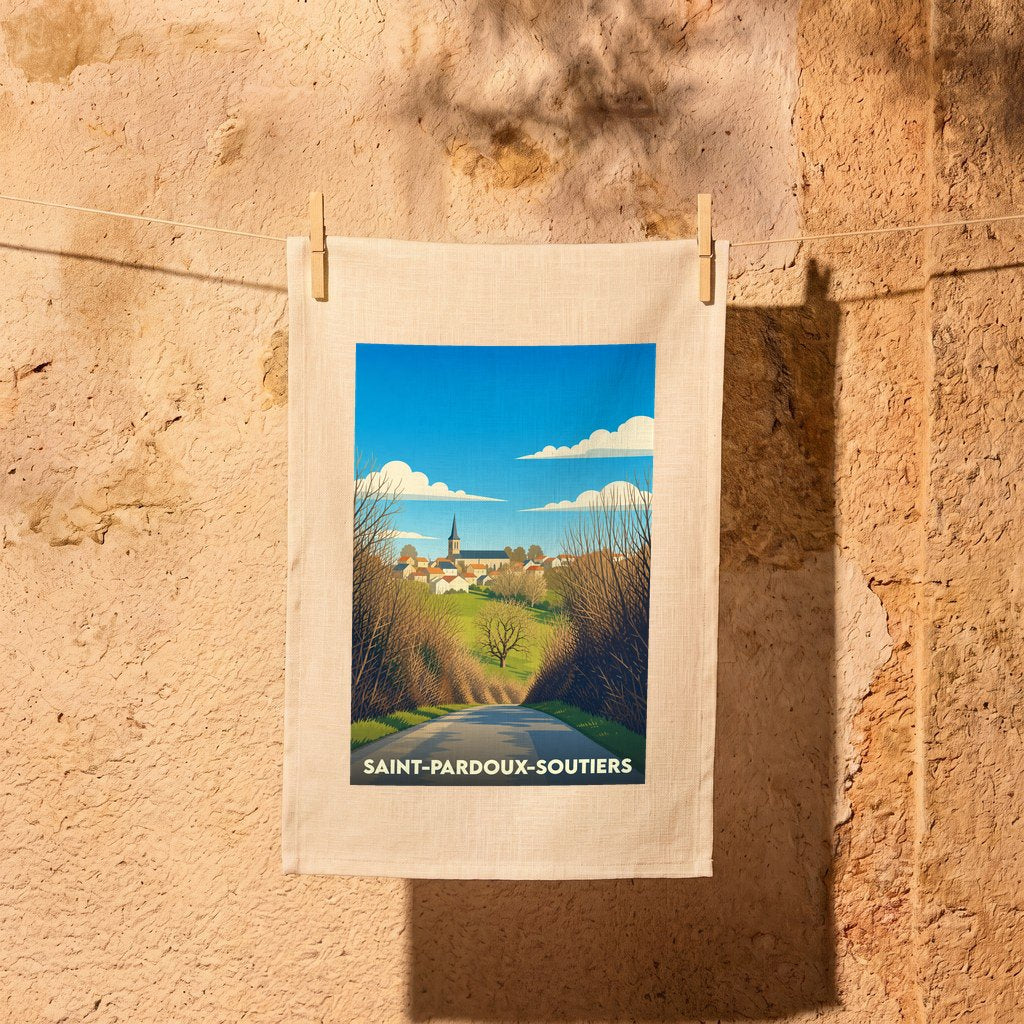 Torchon souvenir de la ville de Saint-Pardoux-Soutiers avec une illustration paysagère stylisée.