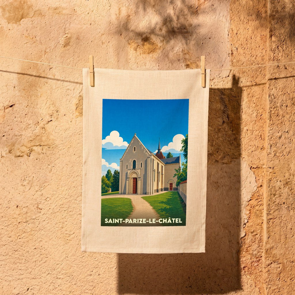Torchon souvenir de la ville de Saint-Parize-le-Châtel avec une illustration stylisée de son église.