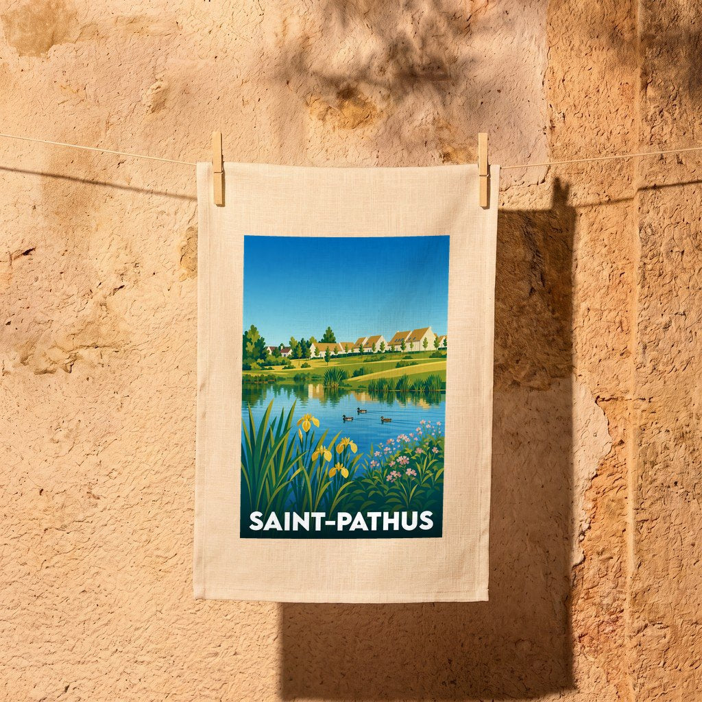 Torchon souvenir de la ville de Saint-Pathus avec une illustration stylisée d'un paysage de bord de l'eau.