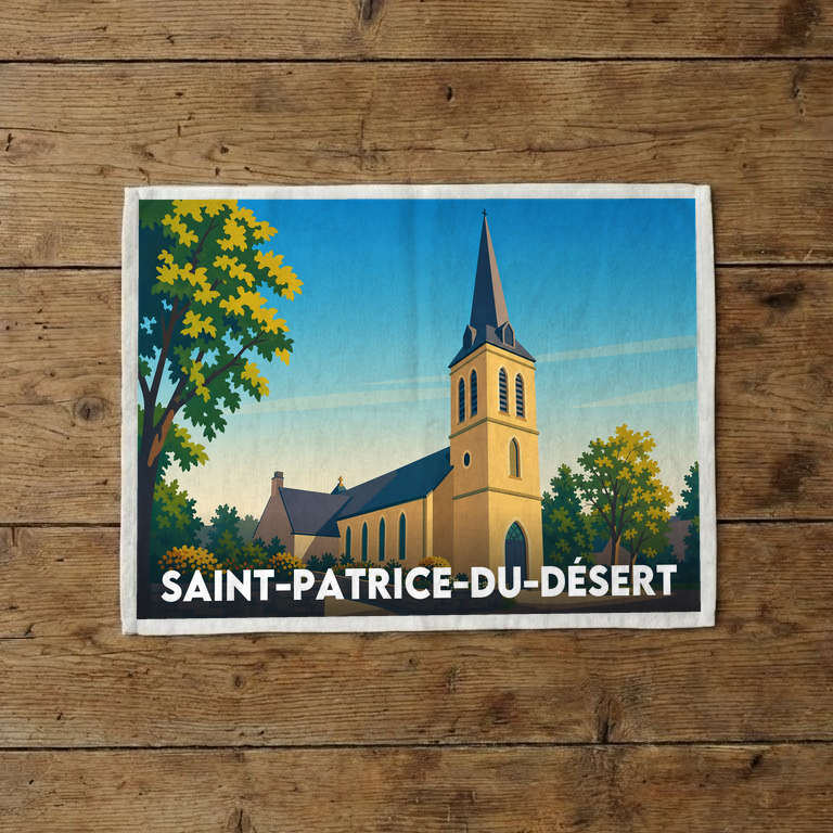 Torchon souvenir de la ville de Saint-Patrice-du-Désert avec une illustration stylisée de son église.