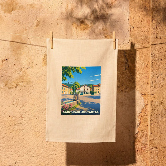 Torchon souvenir de la ville de Saint-Paul-de-Tartas illustré par une scène de village ensoleillée.