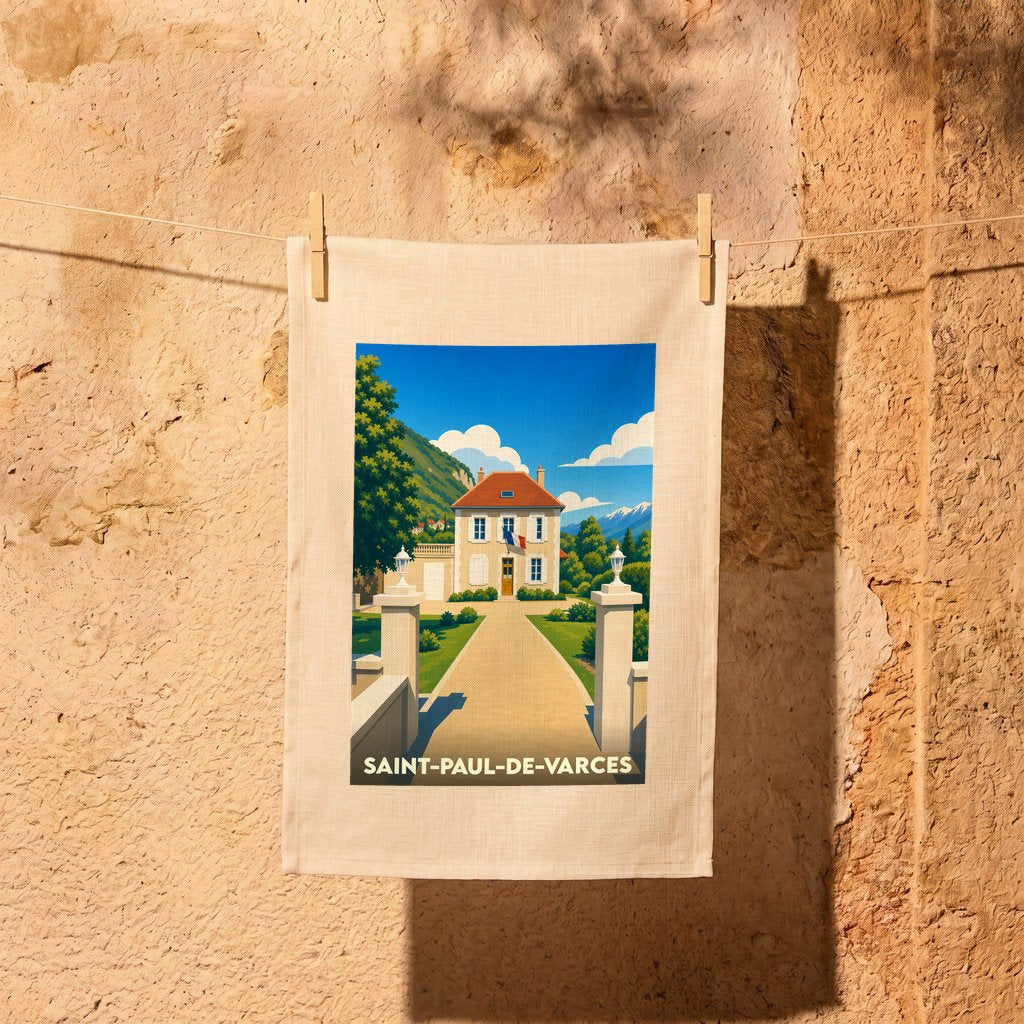 Torchon souvenir de la ville de Saint-Paul-de-Varces avec une illustration stylisée d'une maison de maître.