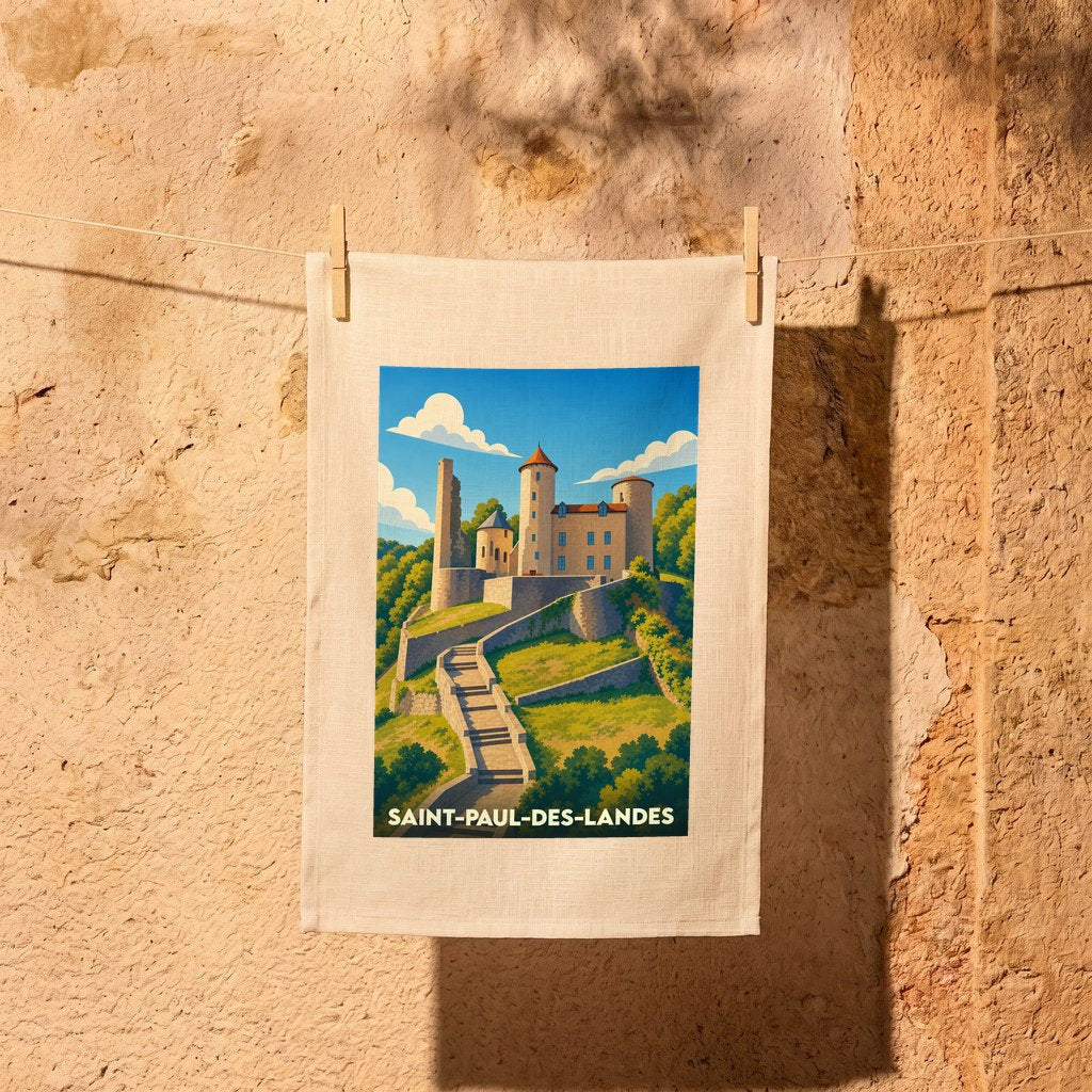 Torchon souvenir de la ville de Saint-Paul-des-Landes avec une illustration stylisée de son château.