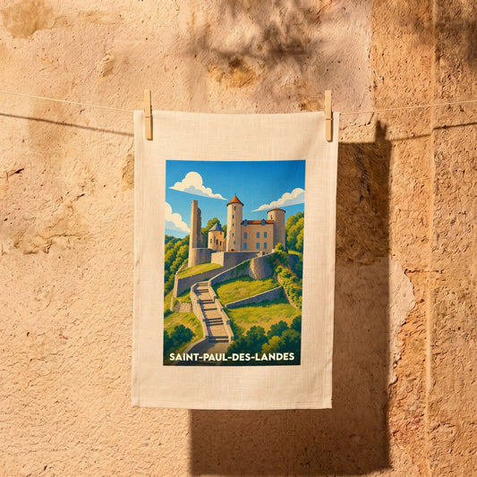 Torchon souvenir de la ville de Saint-Paul-des-Landes avec une illustration stylisée de son château.