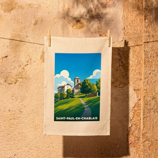 Torchon souvenir de la ville de Saint-Paul-en-Chablais avec une illustration stylisée.