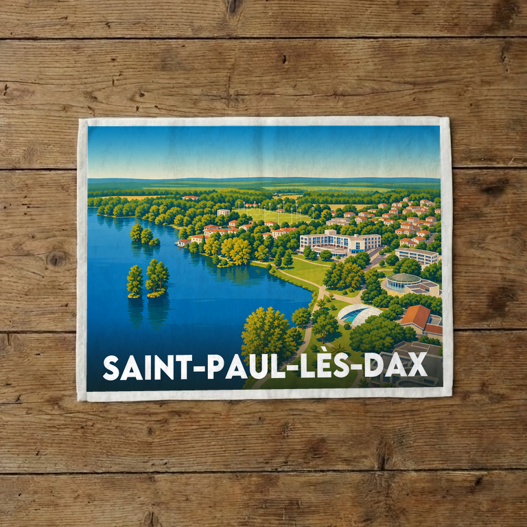 Torchon souvenir de la ville de Saint-Paul-lès-Dax avec une illustration paysagère stylisée.