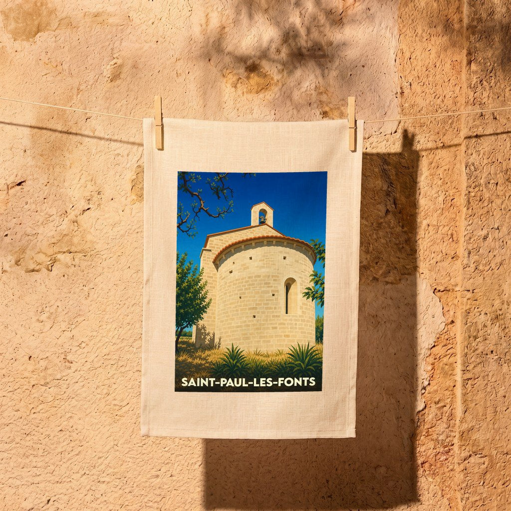 Torchon souvenir de la ville de Saint-Paul-les-Fonts avec une illustration stylisée d'une chapelle provençale.