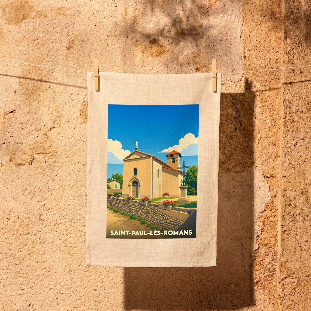 Torchon souvenir de la ville de Saint-Paul-lès-Romans avec une illustration stylisée d'une église provençale.