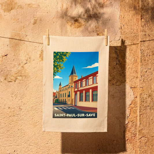 Torchon souvenir de la ville de Saint-Paul-sur-Save avec une illustration stylisée.