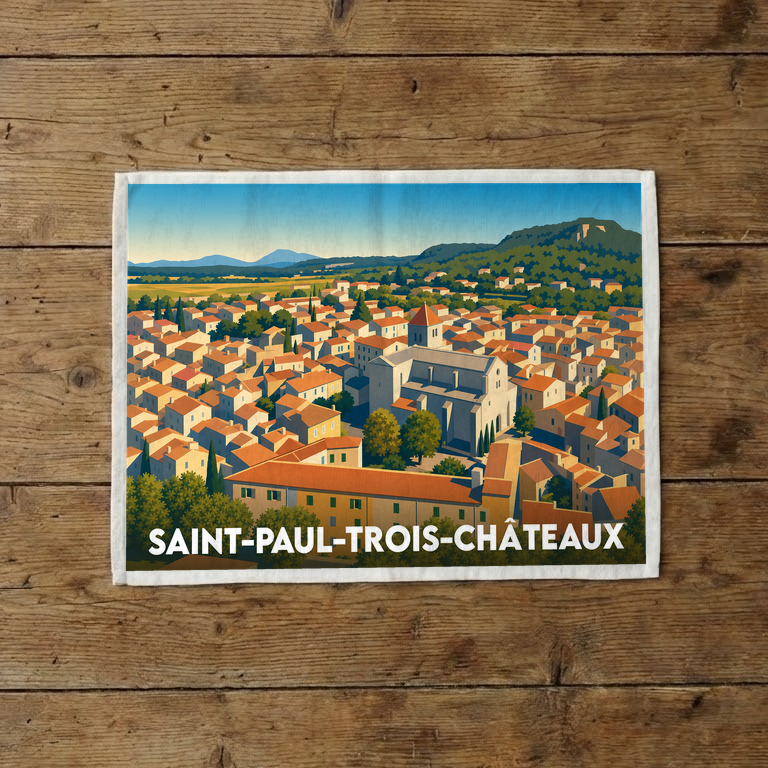Torchon souvenir de la ville de Saint-Paul-Trois-Châteaux avec une illustration stylisée et colorée.
