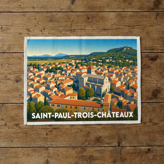 Torchon souvenir de la ville de Saint-Paul-Trois-Châteaux avec une illustration stylisée et colorée.