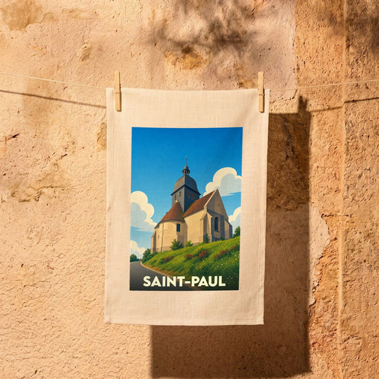 Torchon souvenir de la ville de Saint-Paul avec une illustration stylisée de son église.