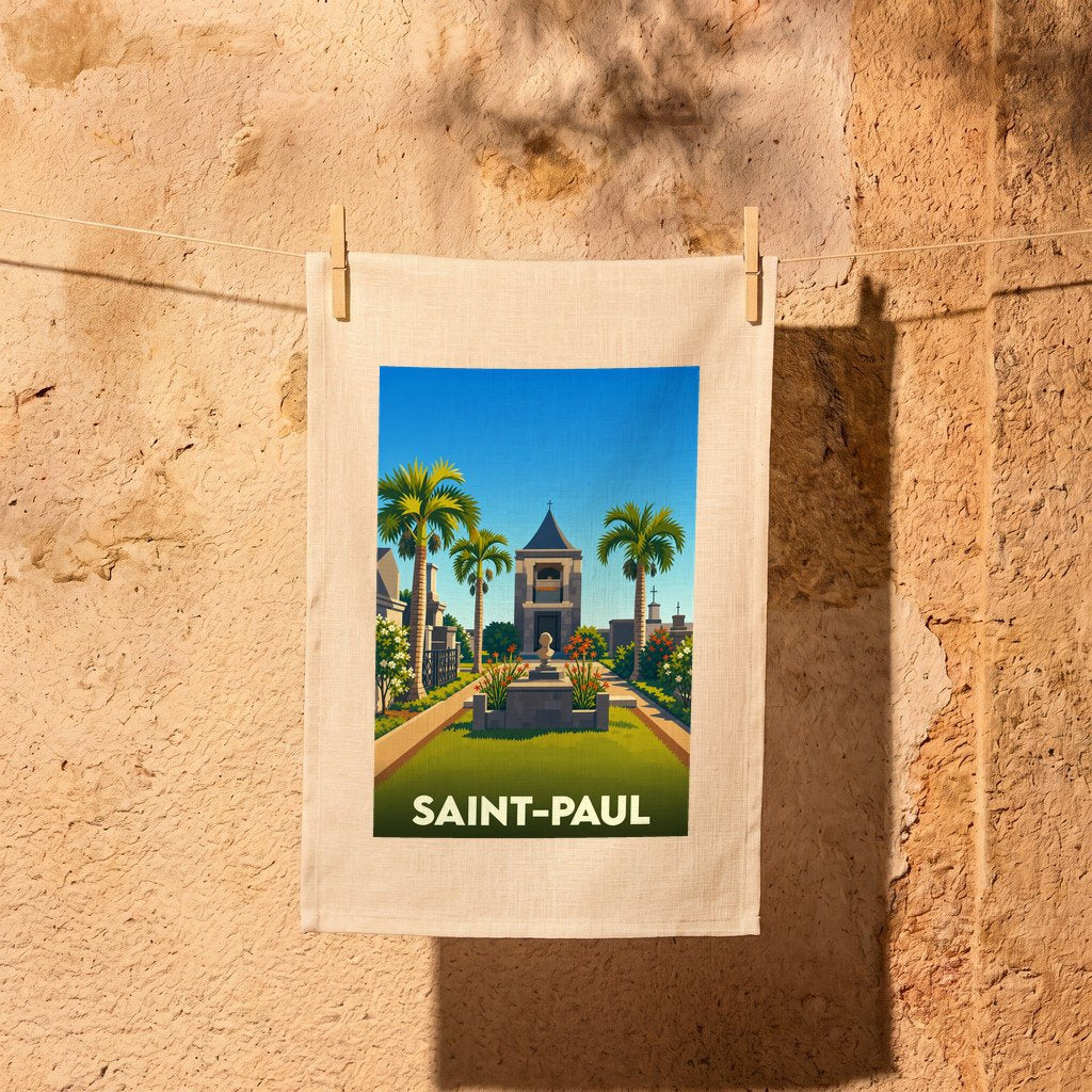 Torchon souvenir de la ville de Saint-Paul avec une illustration stylisée.