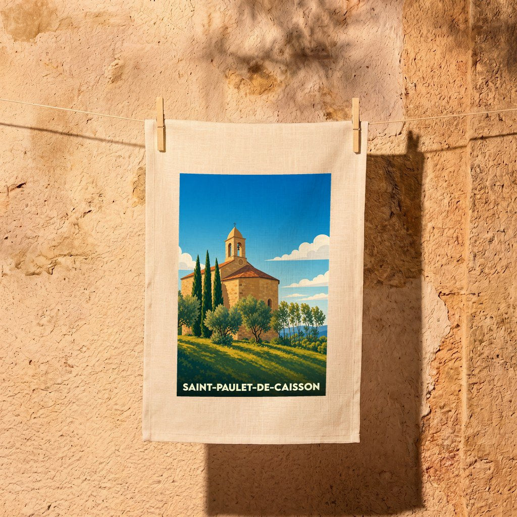 Torchon souvenir de la ville de Saint-Paulet-de-Caisson avec une illustration stylisée d'une église provençale.