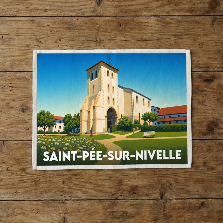 Torchon souvenir de la ville de Saint-Pée-sur-Nivelle avec une illustration stylisée de son église.