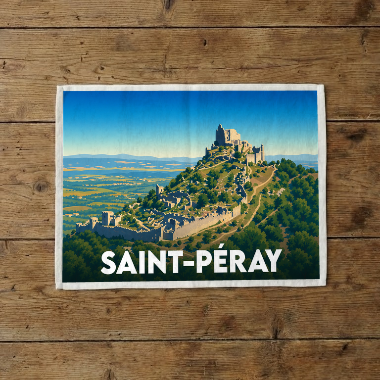 Torchon souvenir de la ville de Saint-Péray illustré d'une vue stylisée du château de Crussol.