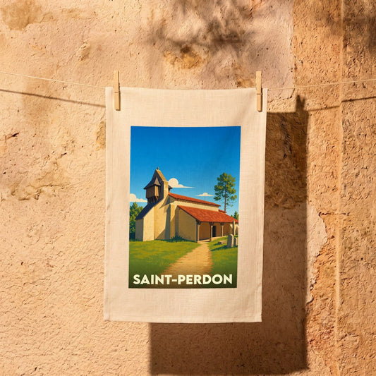 Torchon souvenir de la ville de Saint-Perdon avec une illustration stylisée de son église.