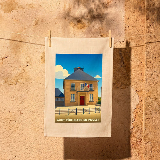 Torchon souvenir de la ville de Saint-Père-Marc-en-Poulet avec une illustration stylisée de sa mairie.