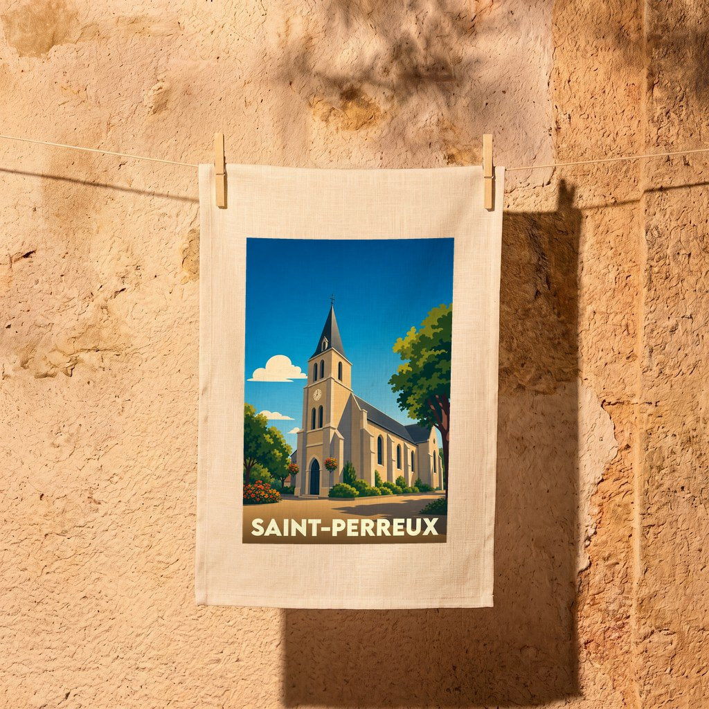 Torchon souvenir de la ville de Saint-Perreux avec une illustration stylisée de son église.