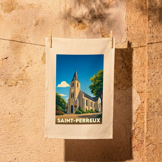 Torchon souvenir de la ville de Saint-Perreux avec une illustration stylisée de son église.
