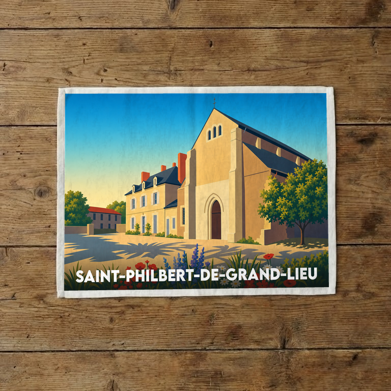 Torchon souvenir de la ville de Saint-Philbert-de-Grand-Lieu avec une illustration stylisée de son église.