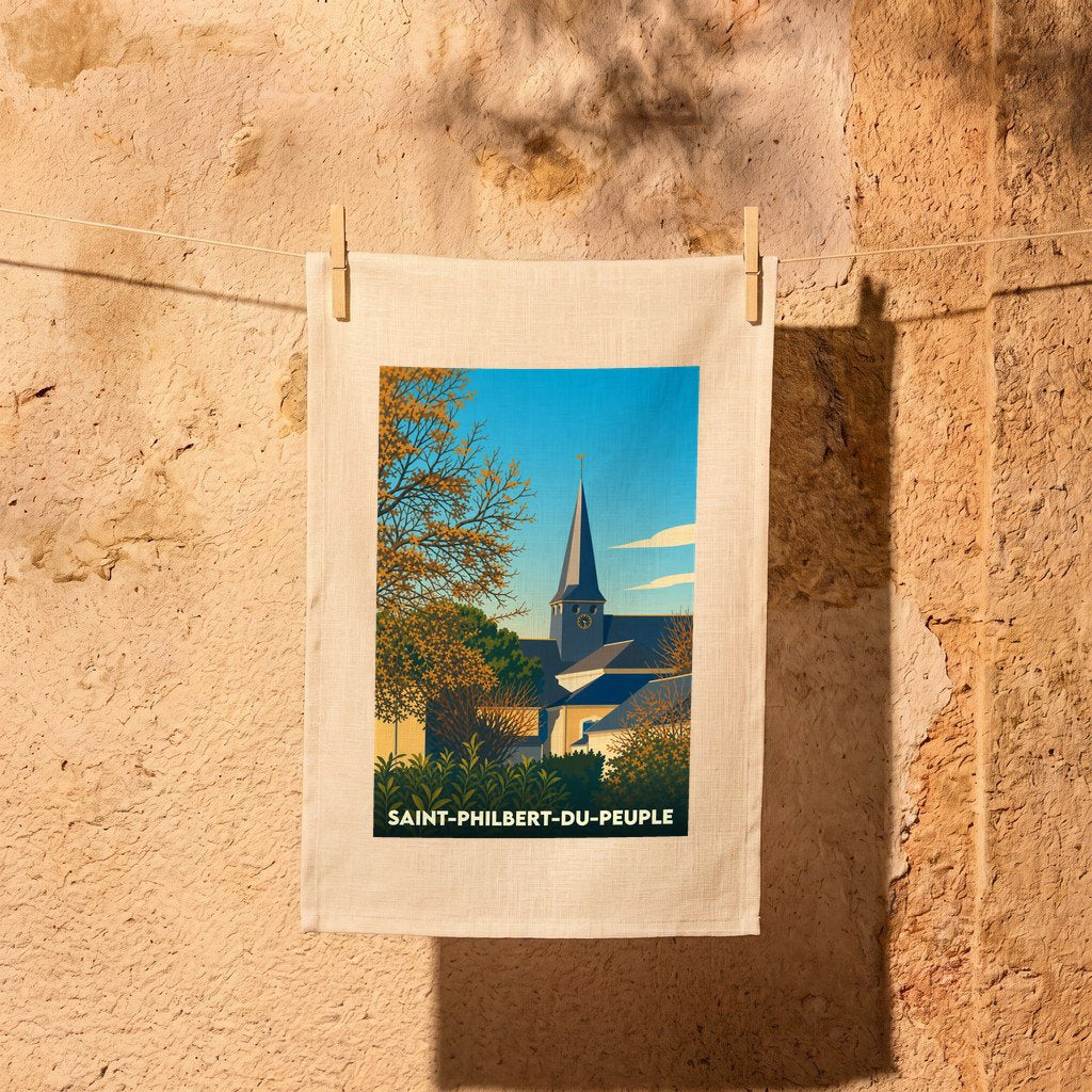 Torchon souvenir de la ville de Saint-Philbert-du-Peuple avec une illustration stylisée de son église.