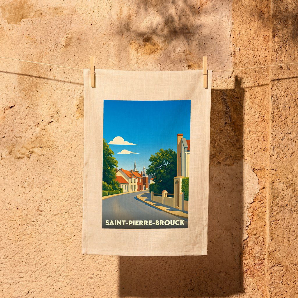 Torchon souvenir de la ville de Saint-Pierre-Brouck avec une illustration stylisée.
