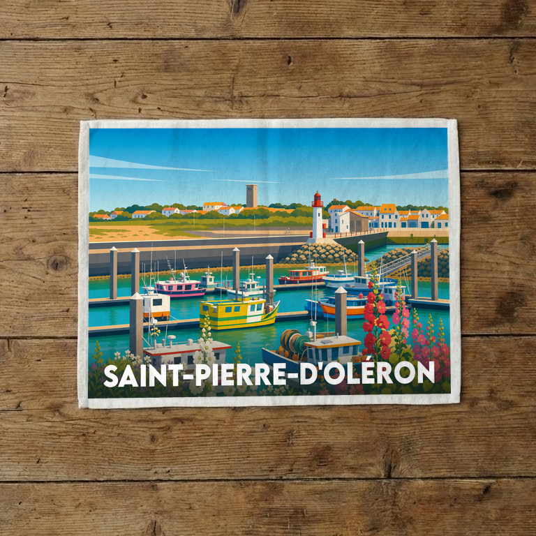 Torchon souvenir de la ville de Saint-Pierre-d'Oléron avec une illustration stylisée du port de pêche et de son phare.