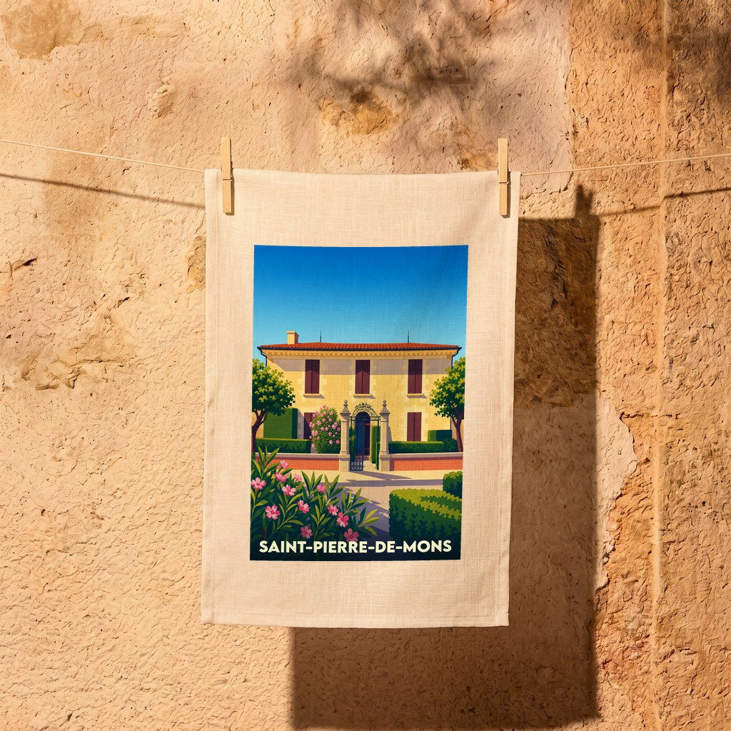 Torchon souvenir de la ville de Saint-Pierre-de-Mons avec une illustration stylisée d'une maison bourgeoise.