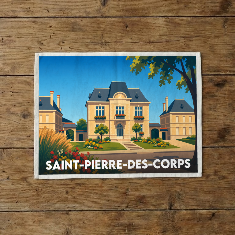 Torchon souvenir de la ville de Saint-Pierre-des-Corps avec une illustration stylisée de son architecture.