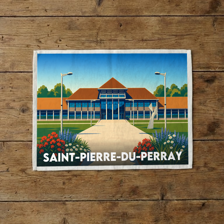 Torchon souvenir de la ville de Saint-Pierre-du-Perray avec une illustration stylisée d'un bâtiment et de jardins.