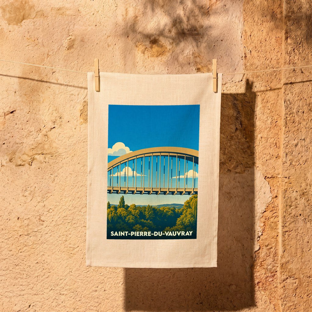Torchon souvenir de Saint-Pierre-du-Vauvray illustrant son célèbre pont en arc sur fond de ciel bleu.
