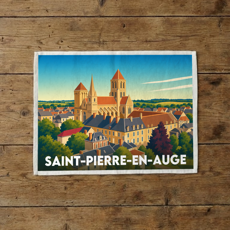 Torchon souvenir de la ville de Saint-Pierre-en-Auge avec une illustration stylisée.