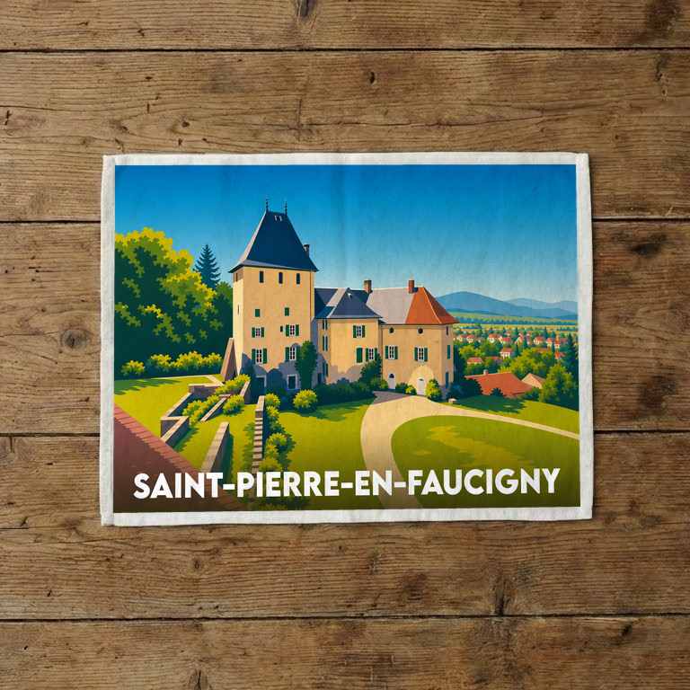 Torchon souvenir de la ville de Saint-Pierre-en-Faucigny avec une illustration stylisée d'un château.