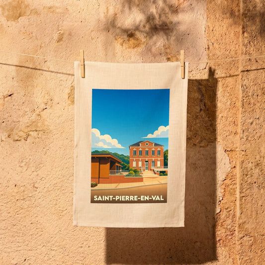 Torchon souvenir de la ville de Saint-Pierre-en-Val avec une illustration stylisée.