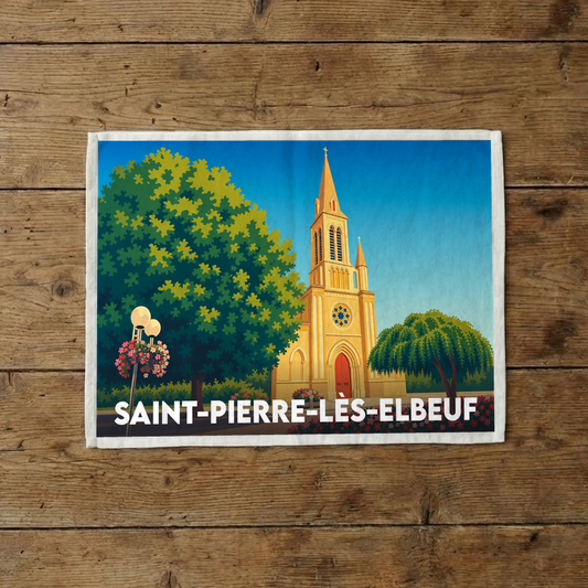 Torchon souvenir de la ville de Saint-Pierre-lès-Elbeuf illustré d'un dessin stylisé de son église et de sa végétation.