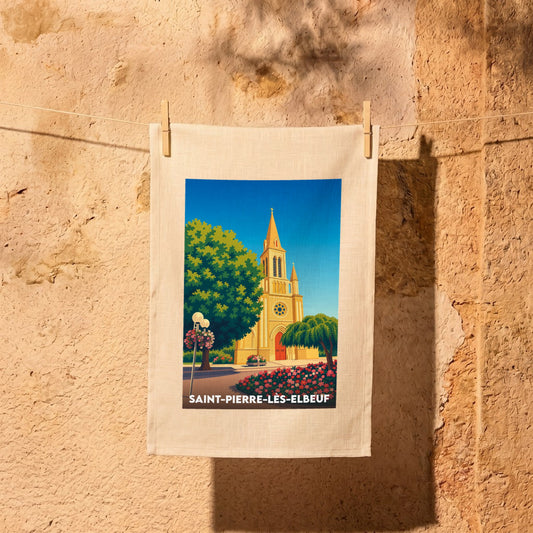 Torchon souvenir de la ville de Saint-Pierre-lès-Elbeuf illustré d'un dessin stylisé de son église et de sa végétation.