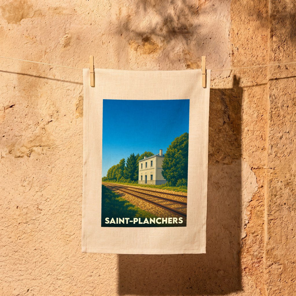 Torchon souvenir de la ville de Saint-Planchers avec une illustration stylisée d'une gare et de voies ferrées.